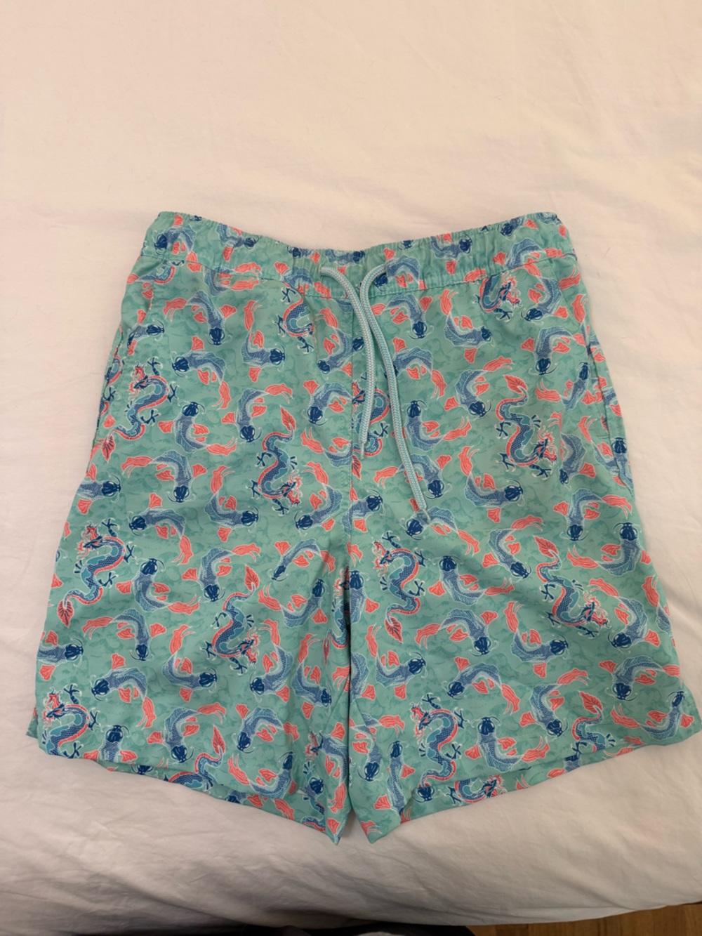 Peter Millar Boys Aqua Blue Swim Trunks with Koi Print